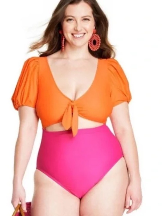 Tabitha Brown Other - Colorblocked Puff-Sleeve One-Piece Swimsuit in Orange & Pink